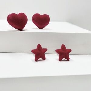 Set of 2 Red Velvet Heart and Star Stud Earrings, Romantic Jewelry Gift